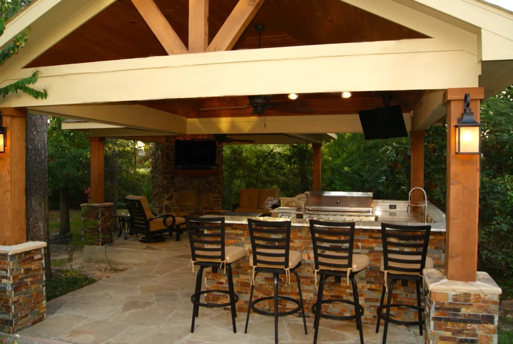 Freestanding Patio Cover with Kitchen and Fireplace